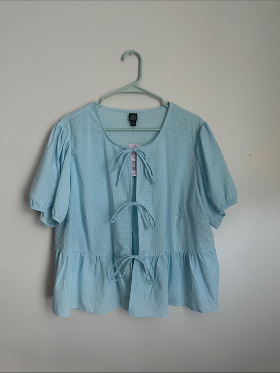 wild fable Tops - wild fable Light Blue Gingham Tie-Front Peplum Top